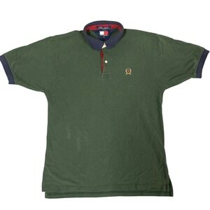 VTG Tommy Hilfiger Boys XL Green Short Sleeve Crest Logo Polo Shirt Navy Collar